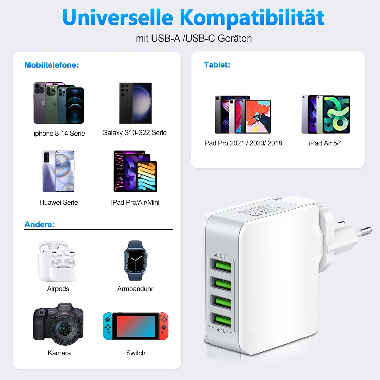 Ein weißes Multi-Port-USB-Ladegerät mit mehreren Geräten daneben, darunter Telefone, Tablets und eine Kamera.