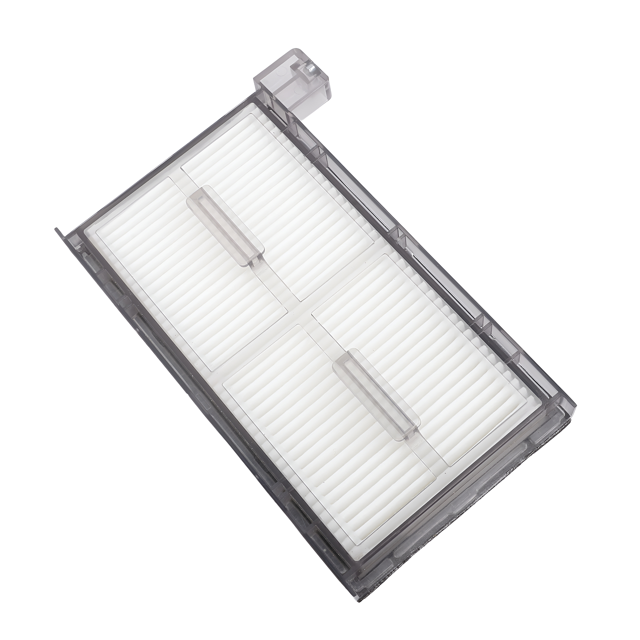 Luftfilter für einen Staubsauger. Rechteckige Form, weißes Filtermedium, schwarzer Rahmen und Griff.