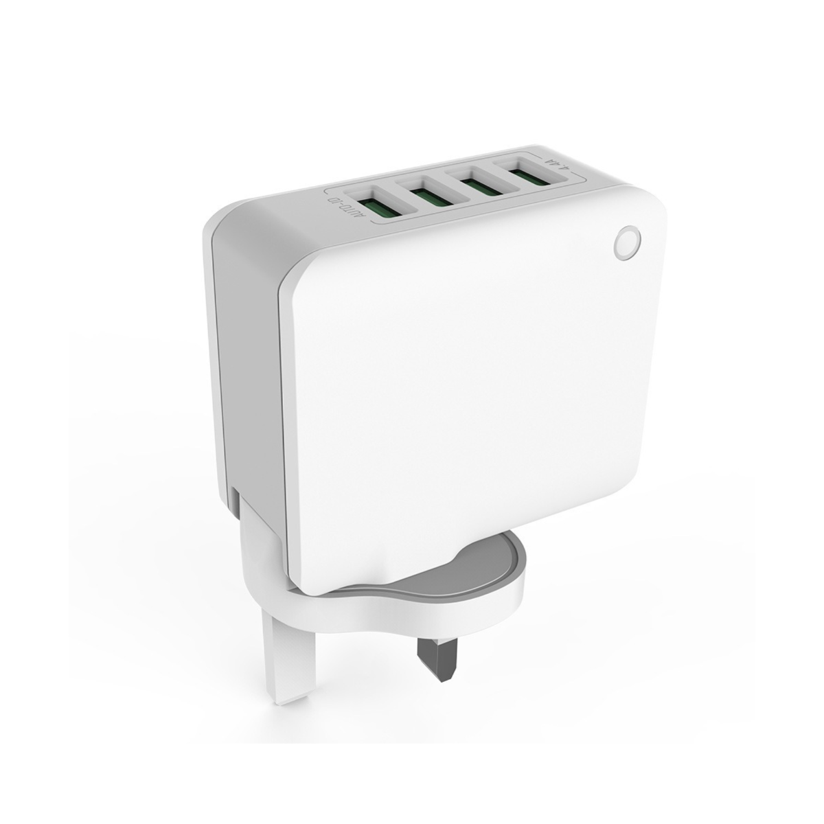 Ein weißer Steckeradapter mit vier USB-Anschlüssen, abgewinkelt, auf weißem Hintergrund.