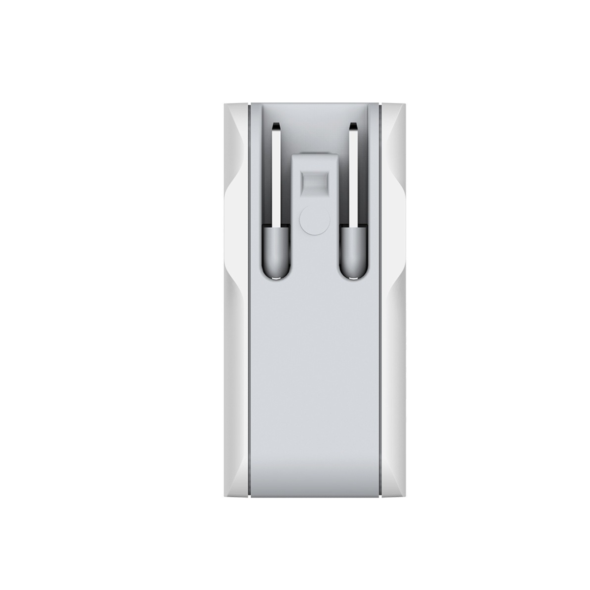 Weißer, rechteckiger Wandstecker mit zwei vertikalen Stiften. Es ist auf weißem Hintergrund.