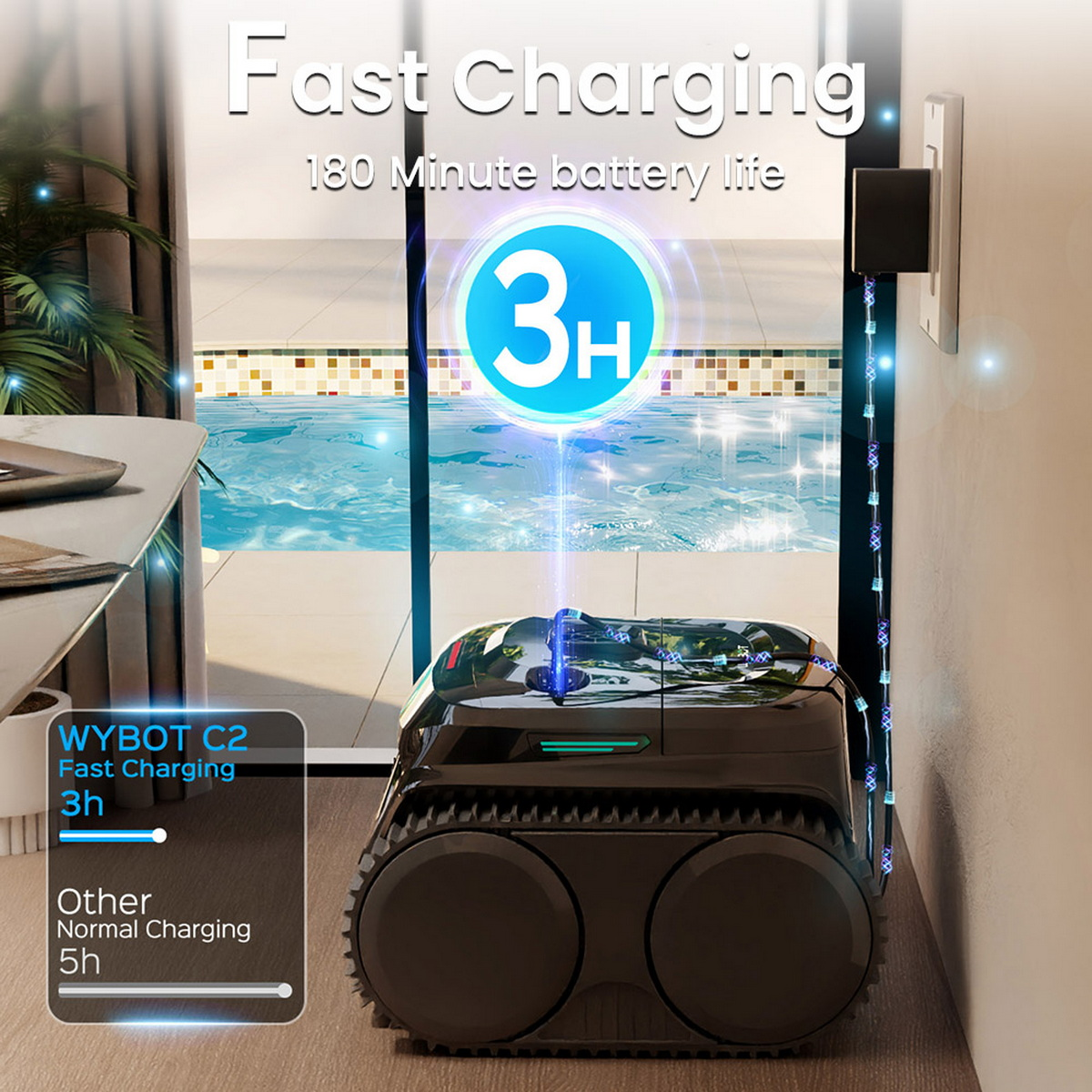 Robot do czyszczenia basenu ładujący się w pobliżu basenu. Pokazuje czas ładowania 3H. Basen jest w tle.