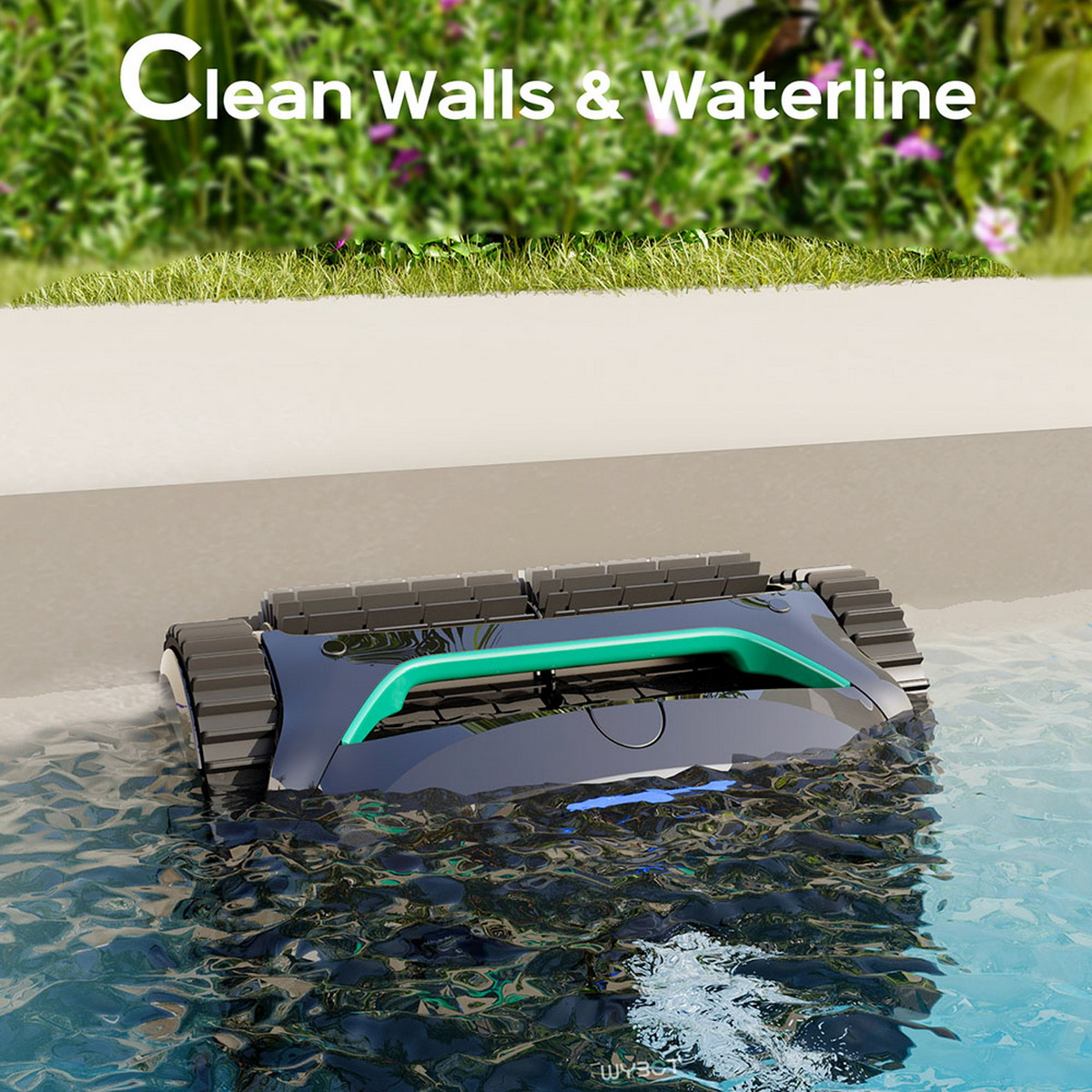 Roboter-Poolreiniger im Wasser, reinigt Wasserlinie, Text: Clean Walls & Waterline.