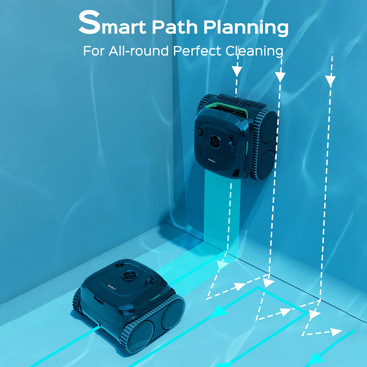 Robotyczny odkurzacz basenowy w rogu, z niebieską wodą i liniami planowania trasy.
