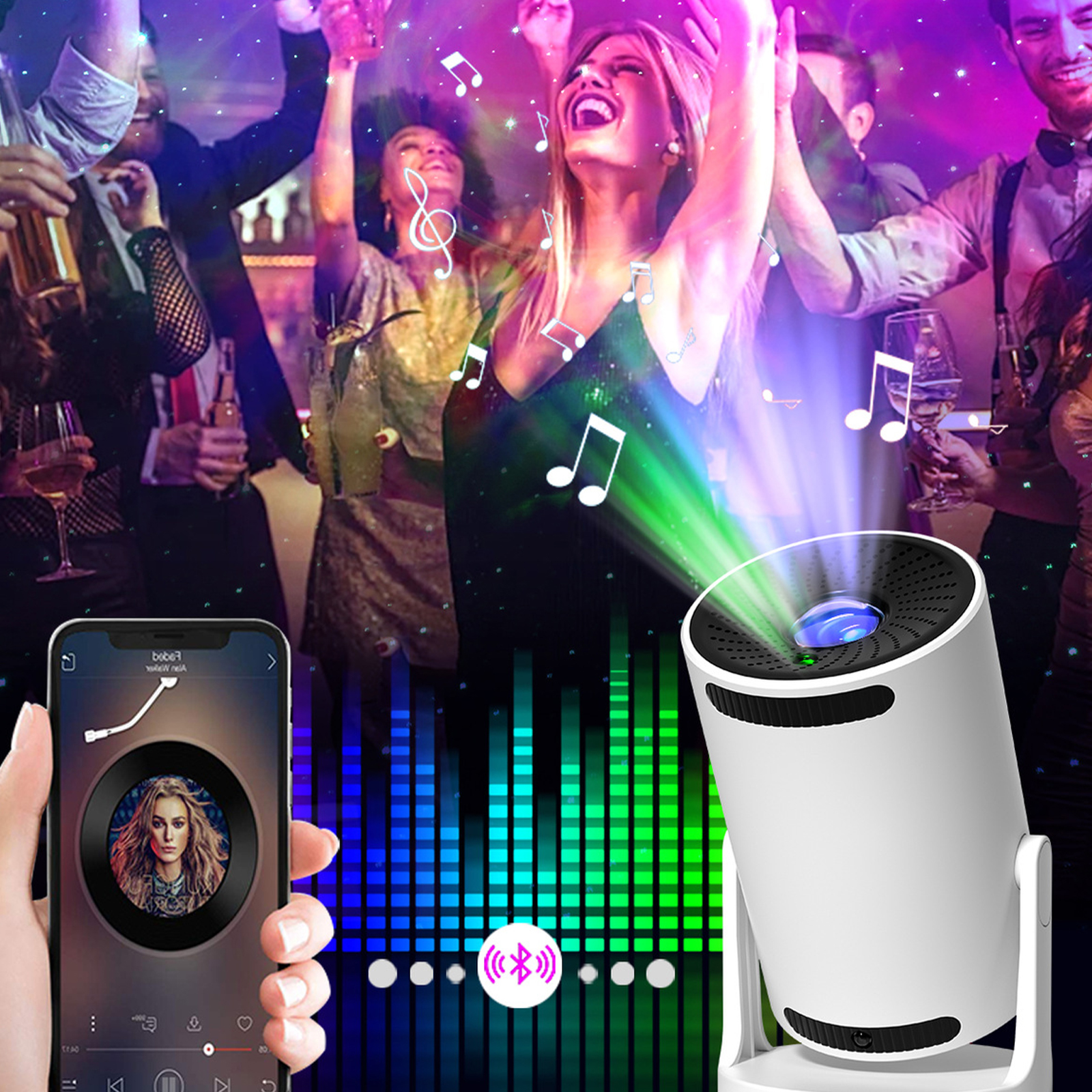 Eine Partyszene mit einem weißen Lautsprecher, der Licht projiziert. Leute tanzen mit einem Telefon, das Musik steuert.