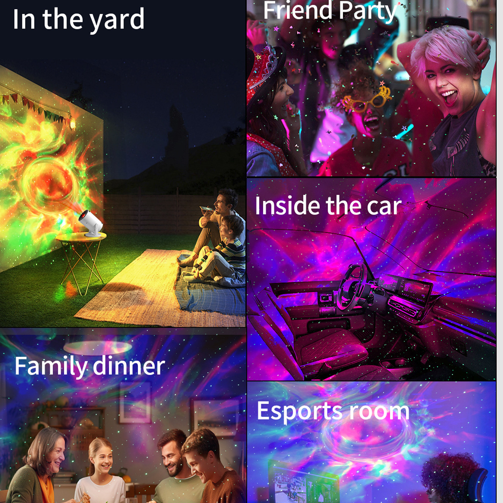 Sechs Bilder, die jeweils eine Szene mit projiziertem Licht zeigen. Verschiedene Kontexte: Hof, Party, Auto, Abendessen, Esports-Raum.