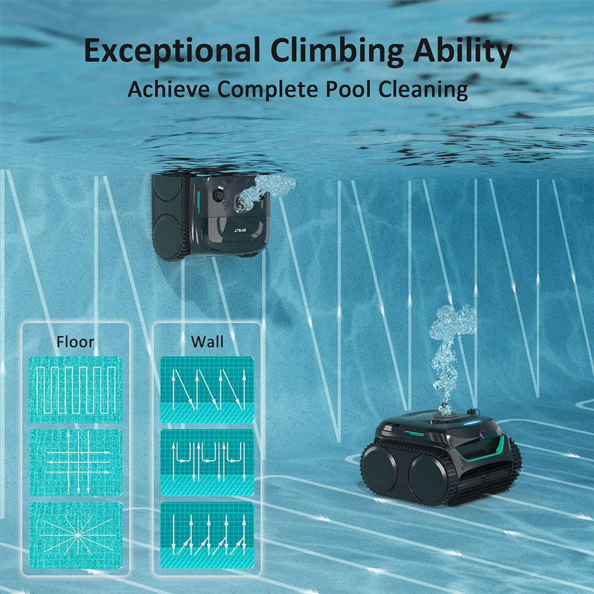 Robot czyszczący basen pod wodą, z diagramami pokazującymi wzory czyszczenia. Niebieskie tło.
