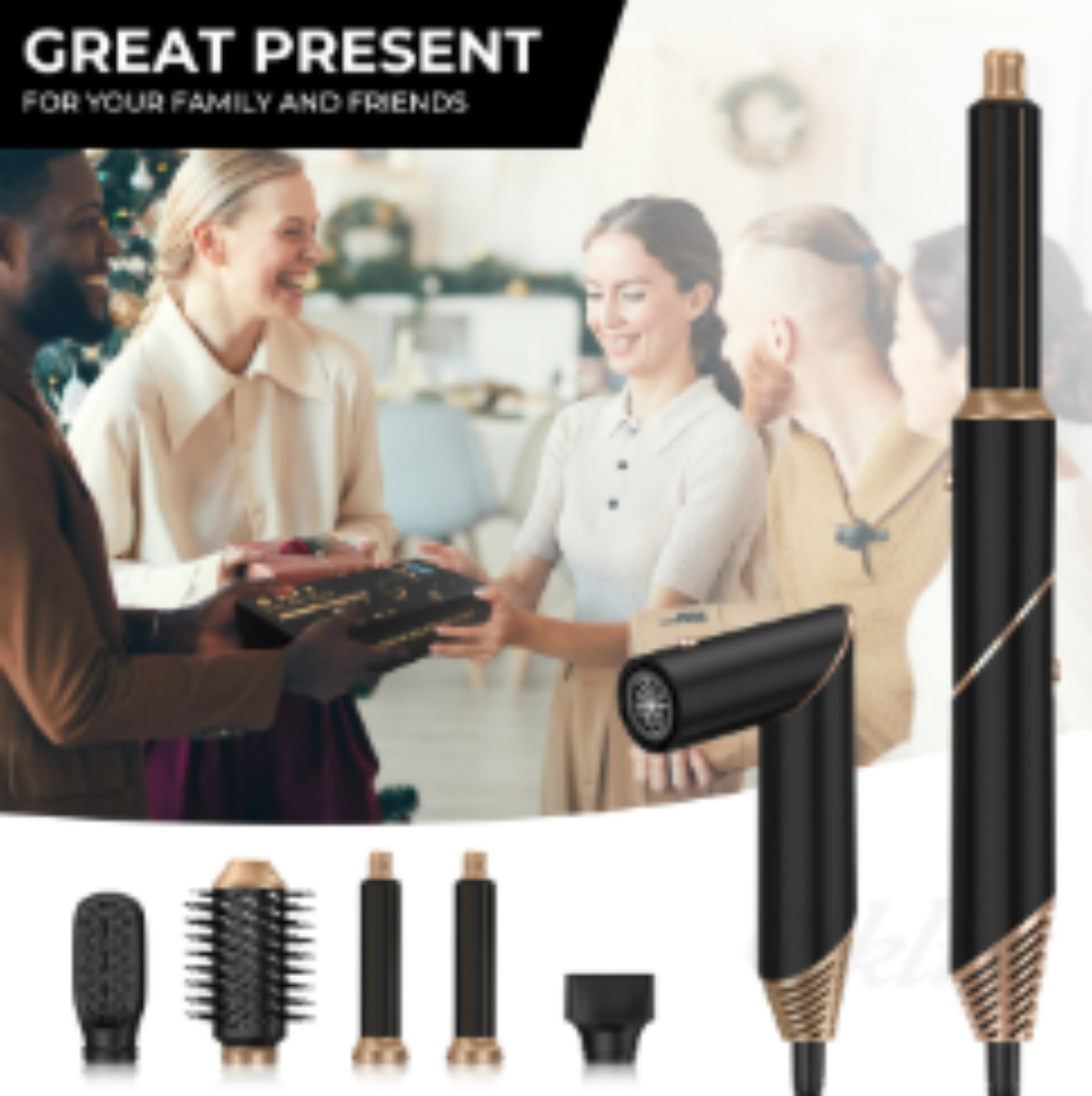 Leute tauschen ein Geschenk aus, Friseurwerkzeuge im Vordergrund.