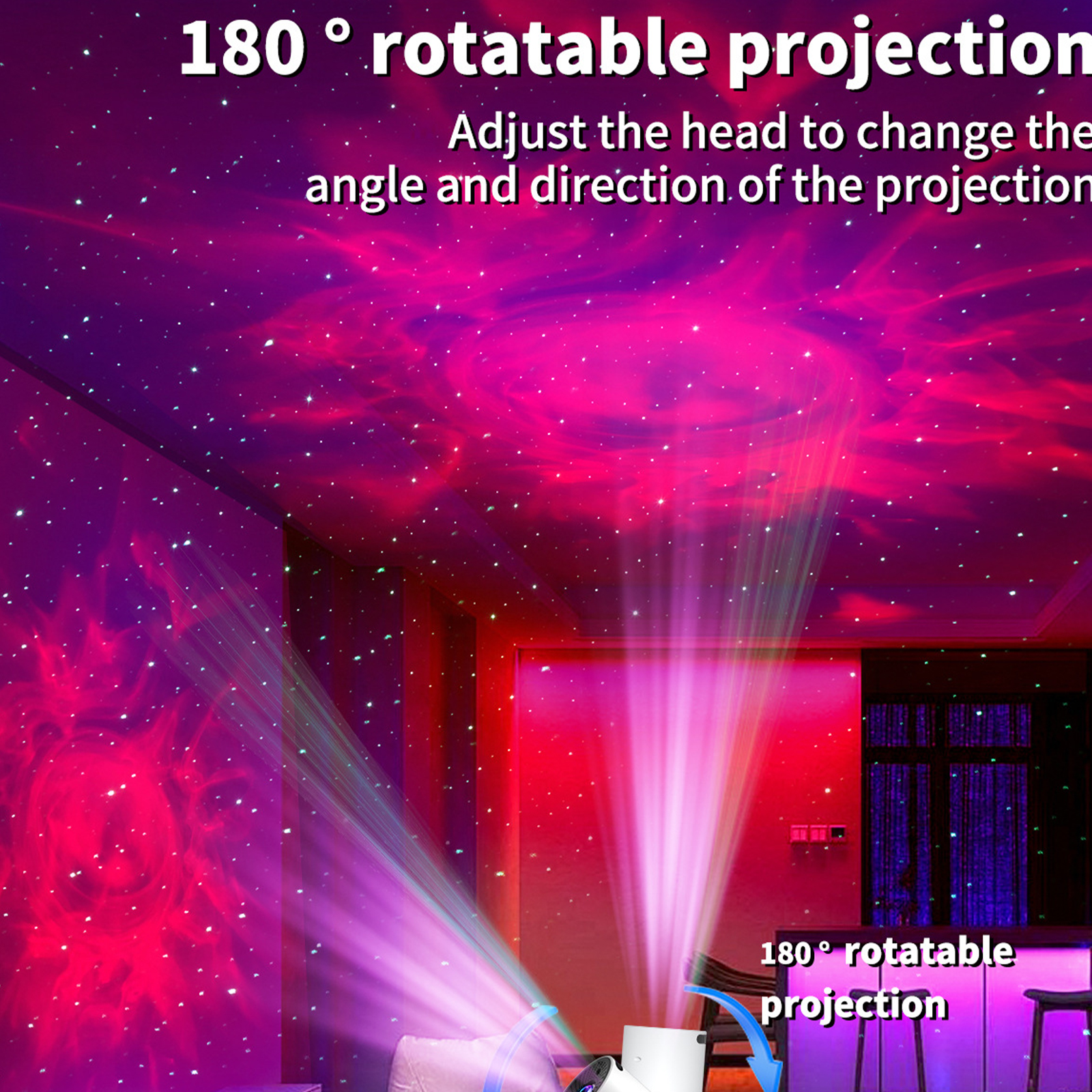 Ein Projektor, der einen Sternenhimmel an Decke und Wände eines Raumes projiziert.