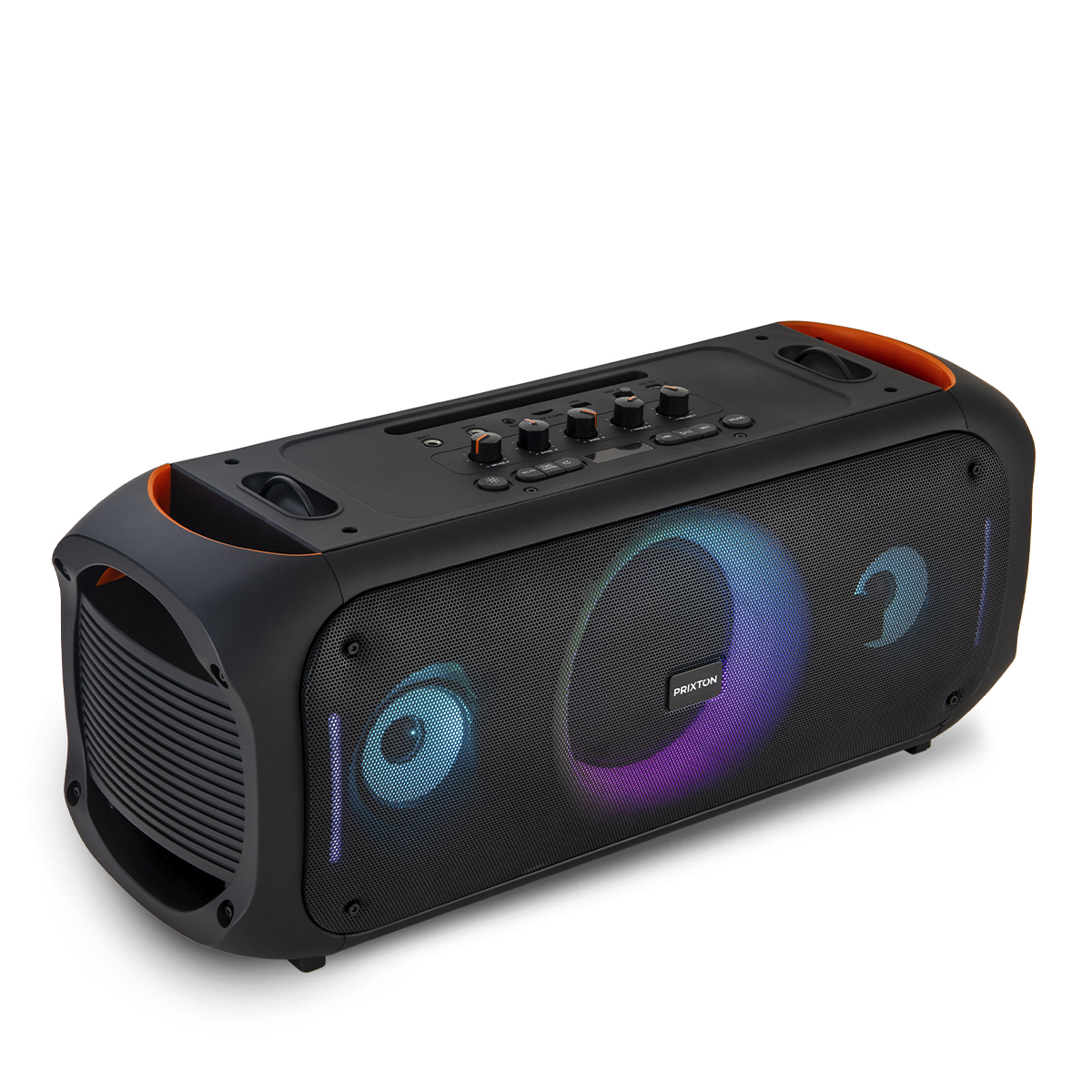 Czarny i pomarańczowy głośnik z elementami sterującymi na górze. Światła z przodu, siatkowa kratka.