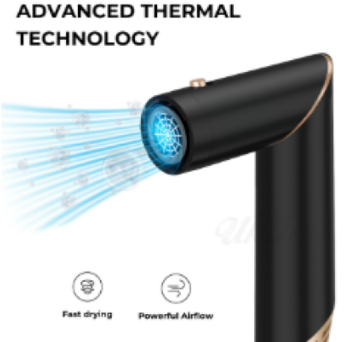 Ein schwarzer Haartrockner mit den Worten 'Advanced Thermal Technology'. Der Trockner emittiert blaue Luft.