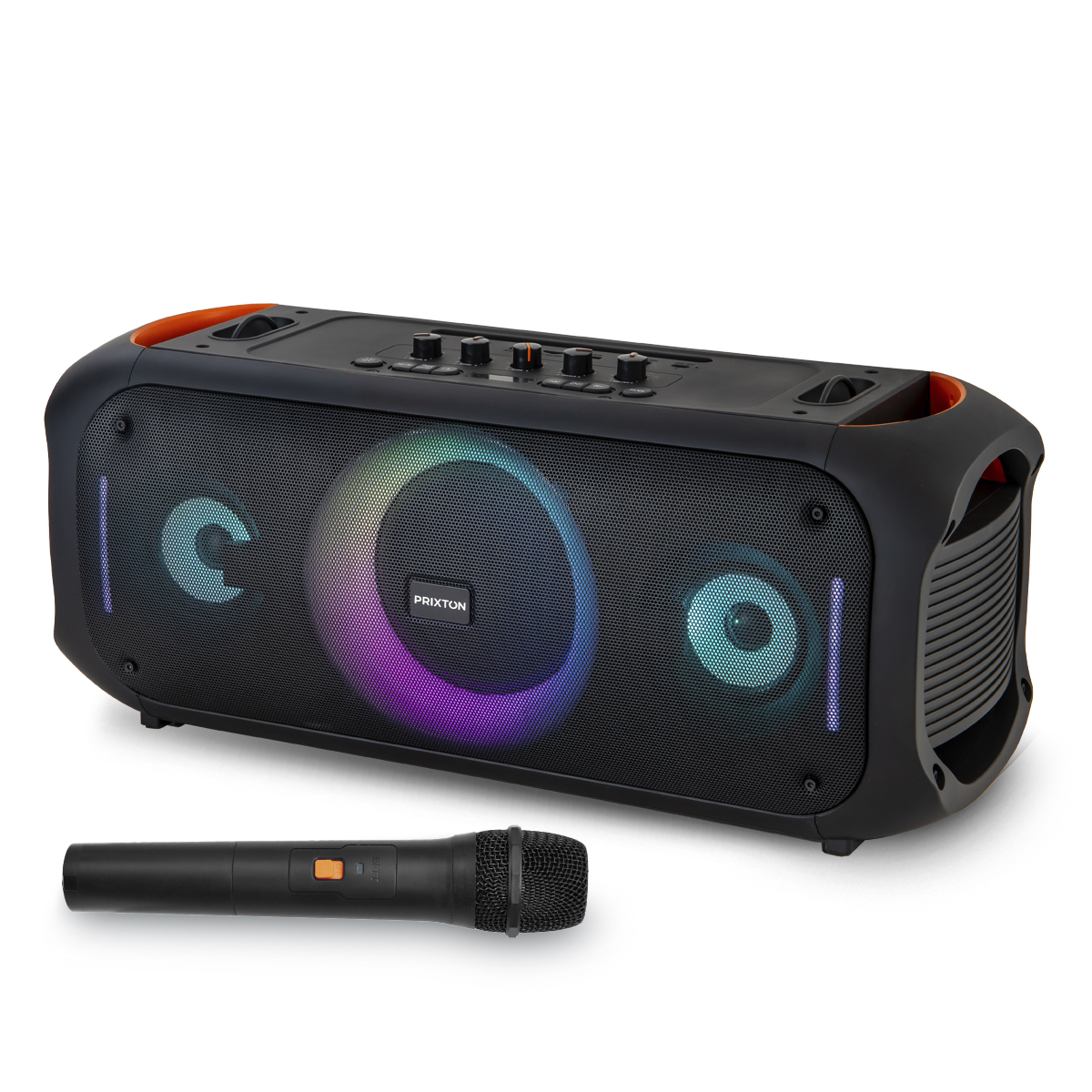 Czarny prostokątny głośnik z kolorowym wyświetlaczem świetlnym, poniżej mikrofon.