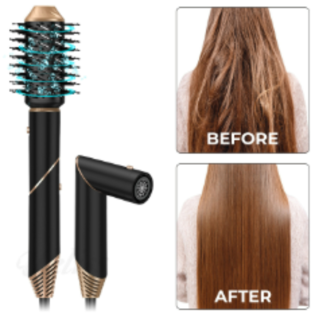 Haarstylingbürste und ein Vergleich der Haare vor und nach der Anwendung.