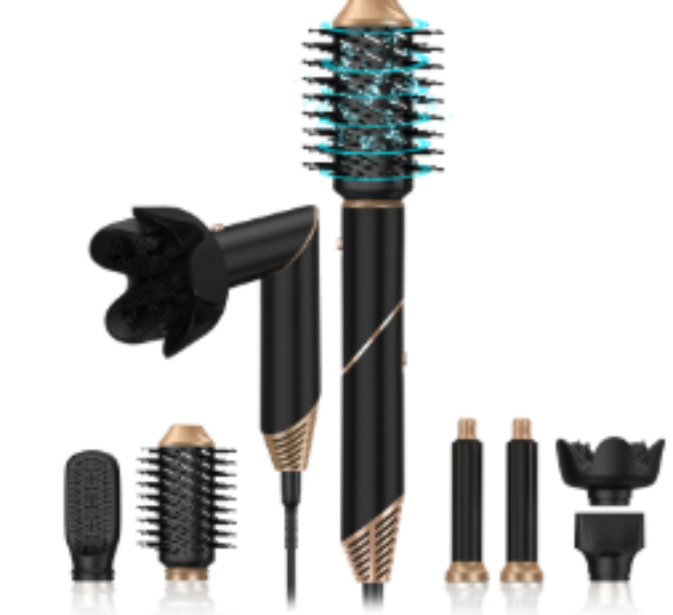 Haarstylingbürste in Schwarz und Gold mit mehreren Aufsätzen und einem Ständer.