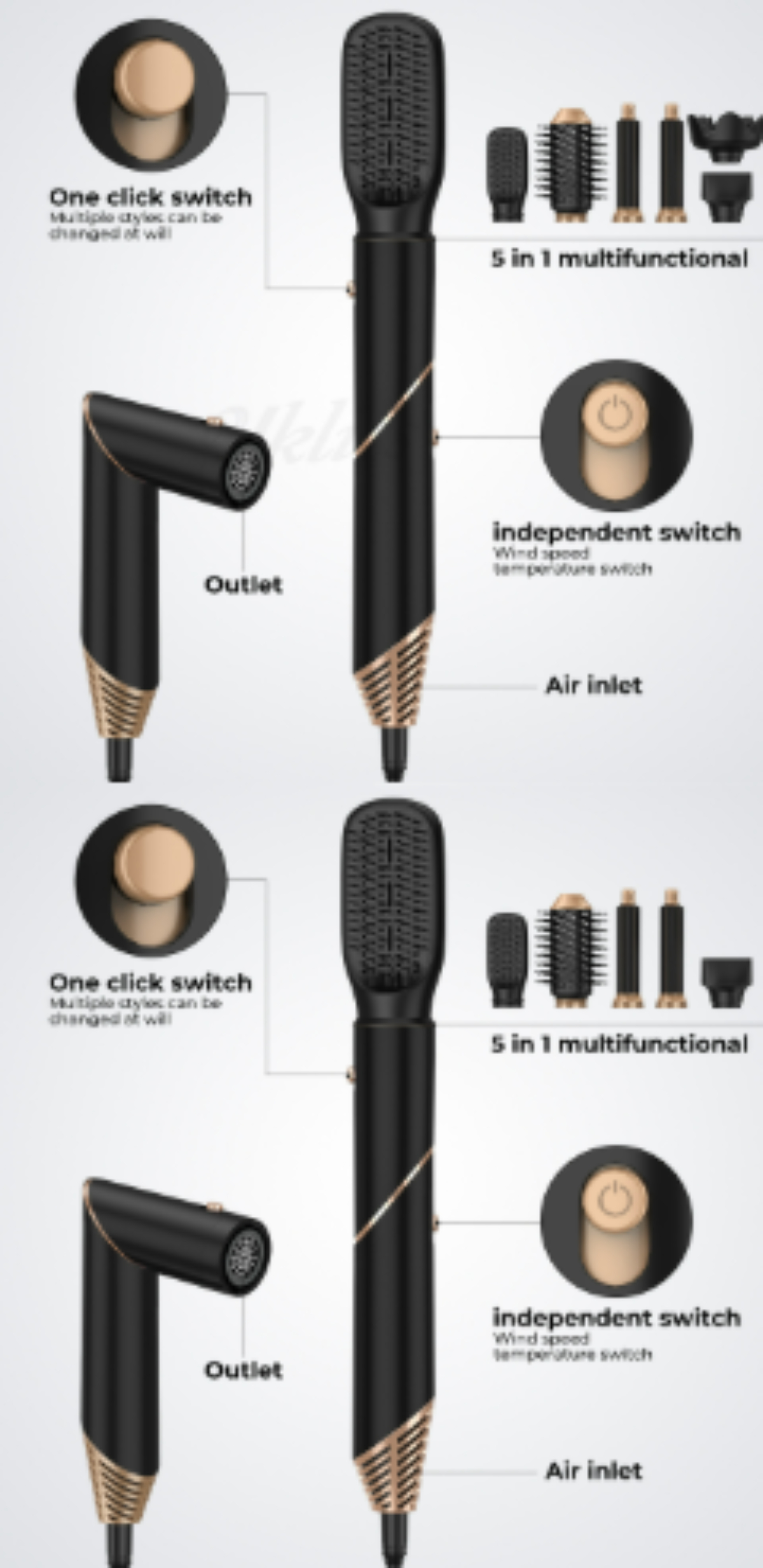 Ein Lehrbild für einen Haarstyler, das seine Teile und Funktionen zeigt. Einer ist schwarz und gold.