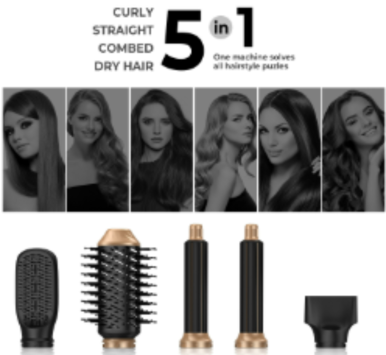 Haarstyling-Tools und Frauenporträts: lockiges, glattes, gekämmtes, trockenes Haar.