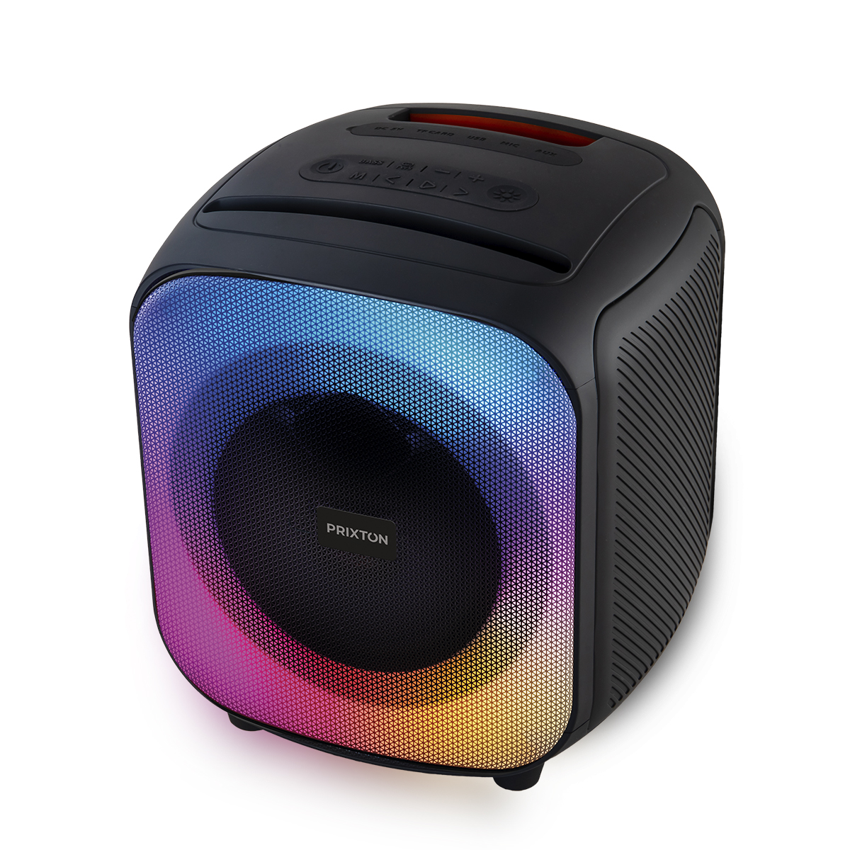 Czarny głośnik z kolorowym wyświetlaczem LED. Światło ma wzór tęczy. Z przodu napis 'PRIXTON'.