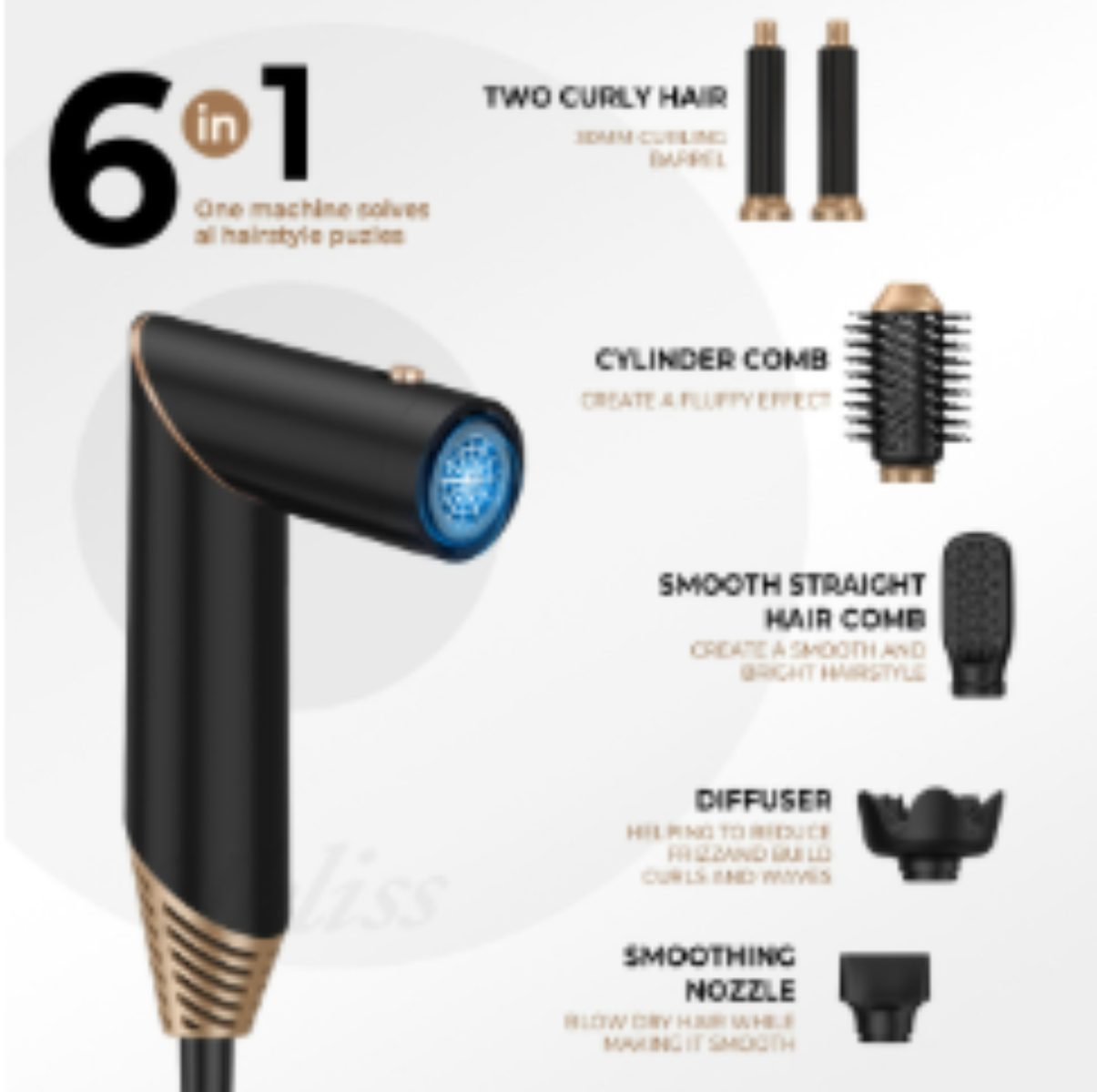 Schwarzes und goldenes Haarstyling-Tool mit verschiedenen Aufsätzen für verschiedene Frisuren.
