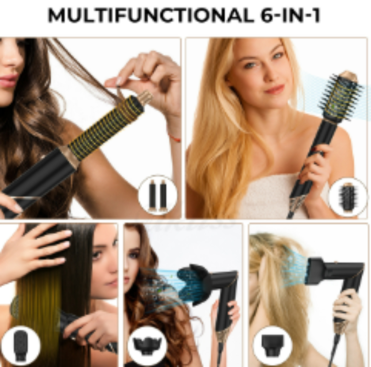 Eine Frau benutzt ein multifunktionales 6-in-1-Haarstyling-Werkzeug mit verschiedenen Aufsätzen.
