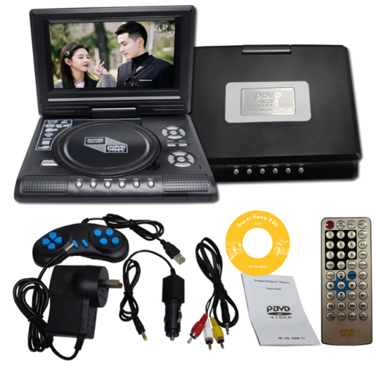 Tragbarer DVD-Player mit Bildschirm, der einen Film zeigt, und Zubehör. Weißer Hintergrund.