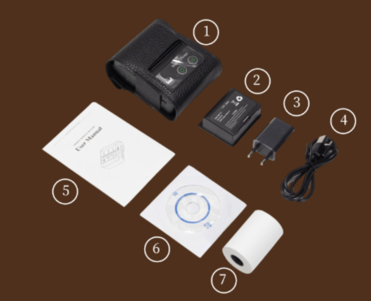 Mobiles Drucker-Set mit Zubehör: Anleitung, Ladegerät, CD und Papierrolle auf brauner Oberfläche.