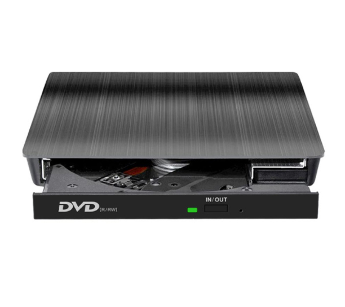 Schwarzer DVD-Player, geöffnet mit herausgezogenem Fach. Das DVD-Logo ist sichtbar.