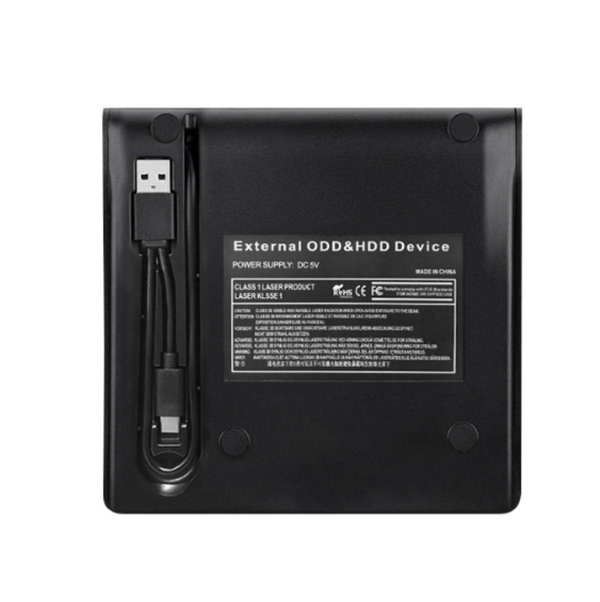 Schwarzes externes ODD & HDD-Gerät. Ein USB-Kabel ist angeschlossen.