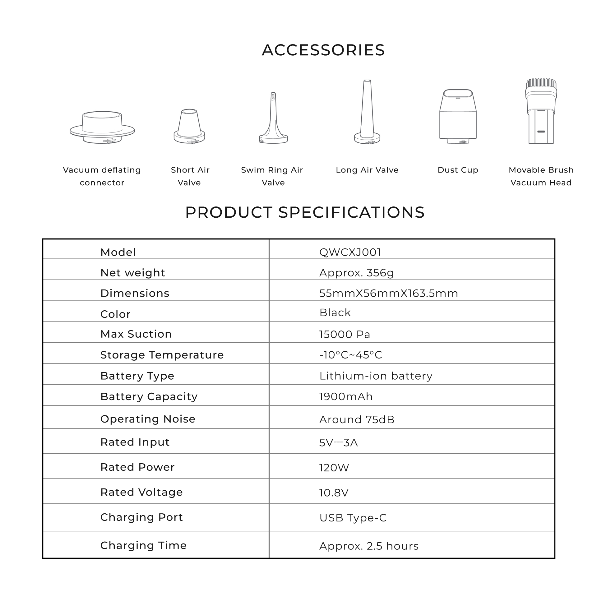 Diagramma degli accessori per aspirapolvere e tabella delle specifiche del prodotto con dettagli tecnici.