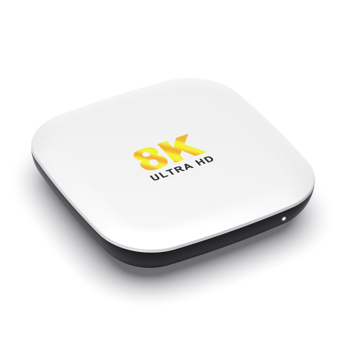 Weißer 8K Ultra HD Mediaplayer mit dem Text '8K ULTRA HD' in Gold.