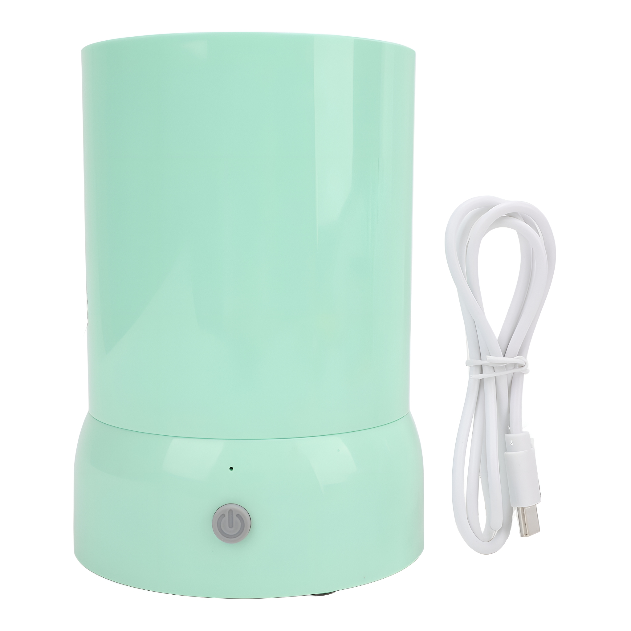 Mintgrüner Zylinder mit Power-Taste und weißem Kabel.