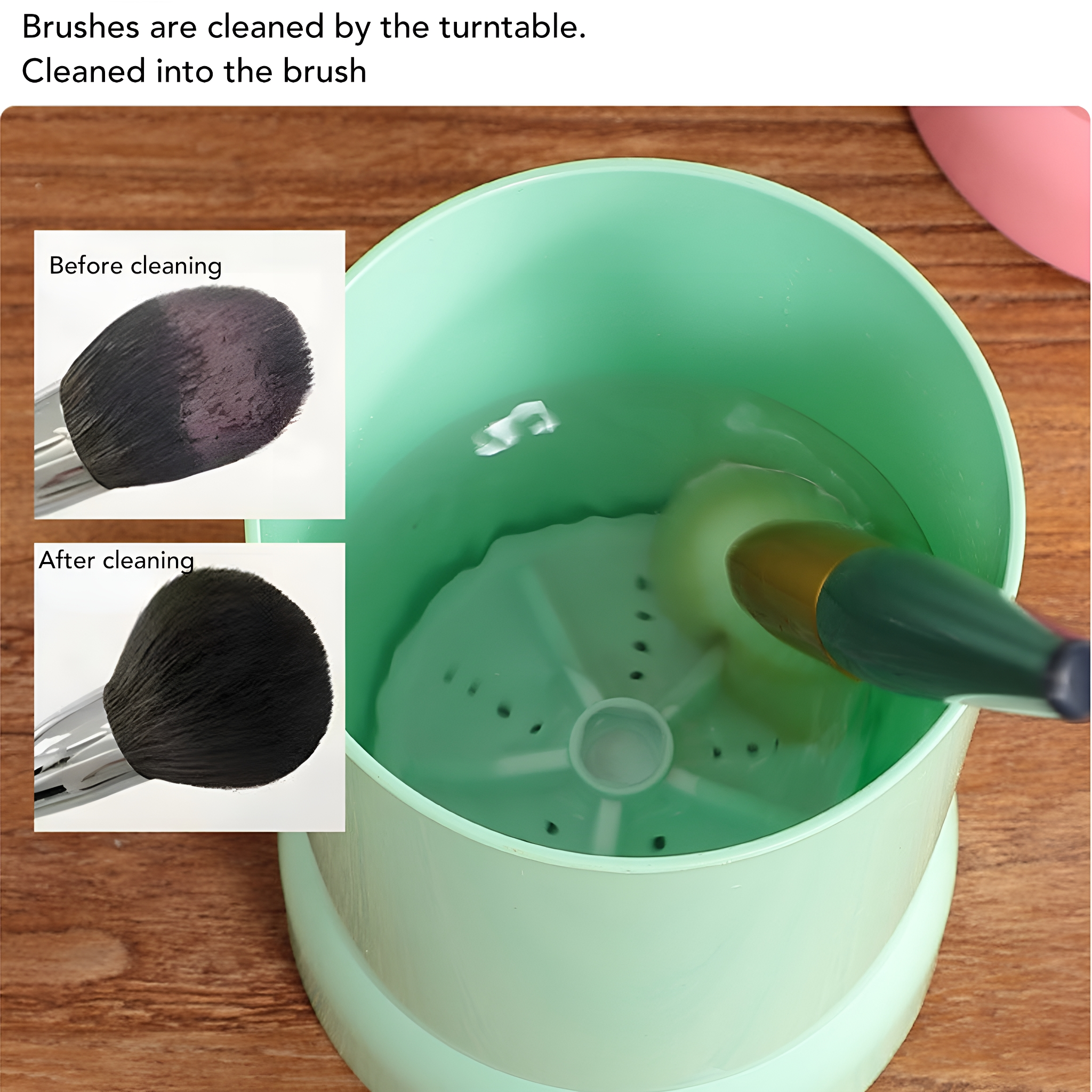 Make-up-Pinsel-Reinigungsmaschine mit Vorher-Nachher-Reinigungsbeispielen im Bild.