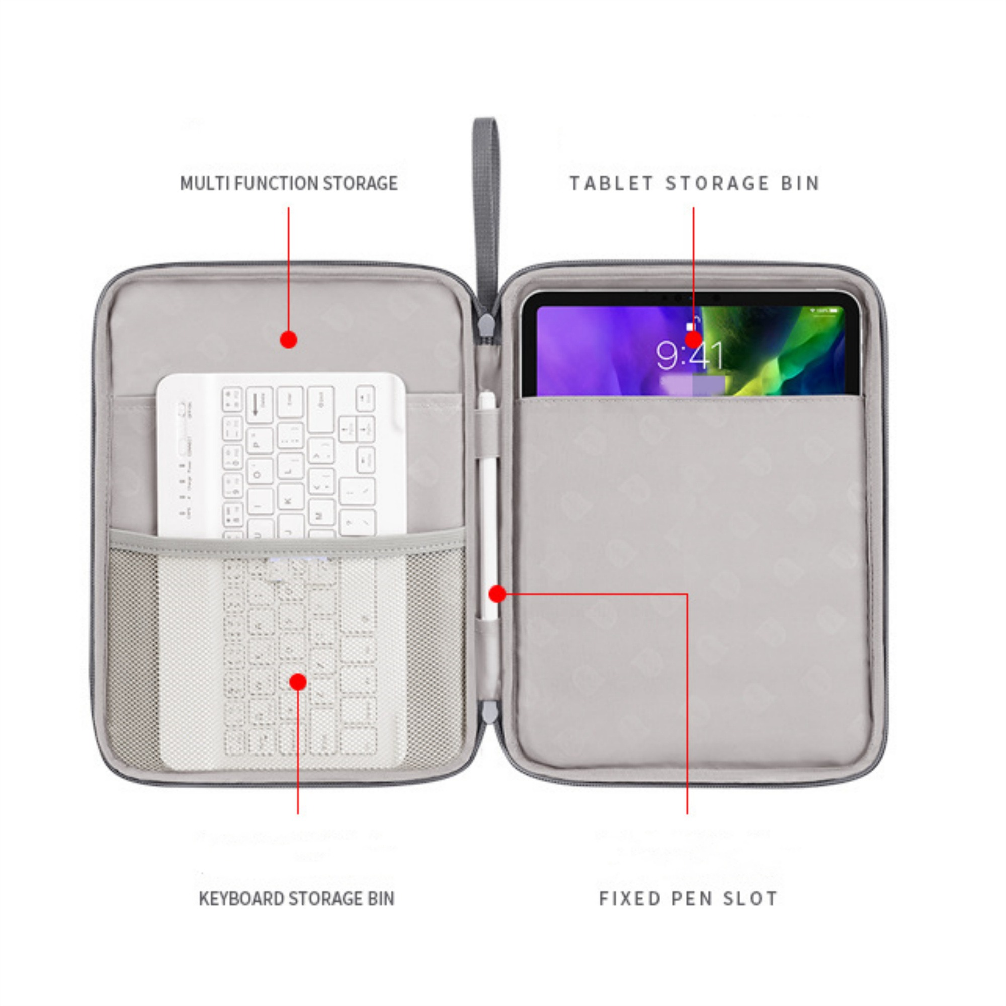 Ein offenes graues Etui mit einer Tastatur und einem Tablet darin. Es verfügt über einen Stiftschlitz und Multifunktionsspeicher.