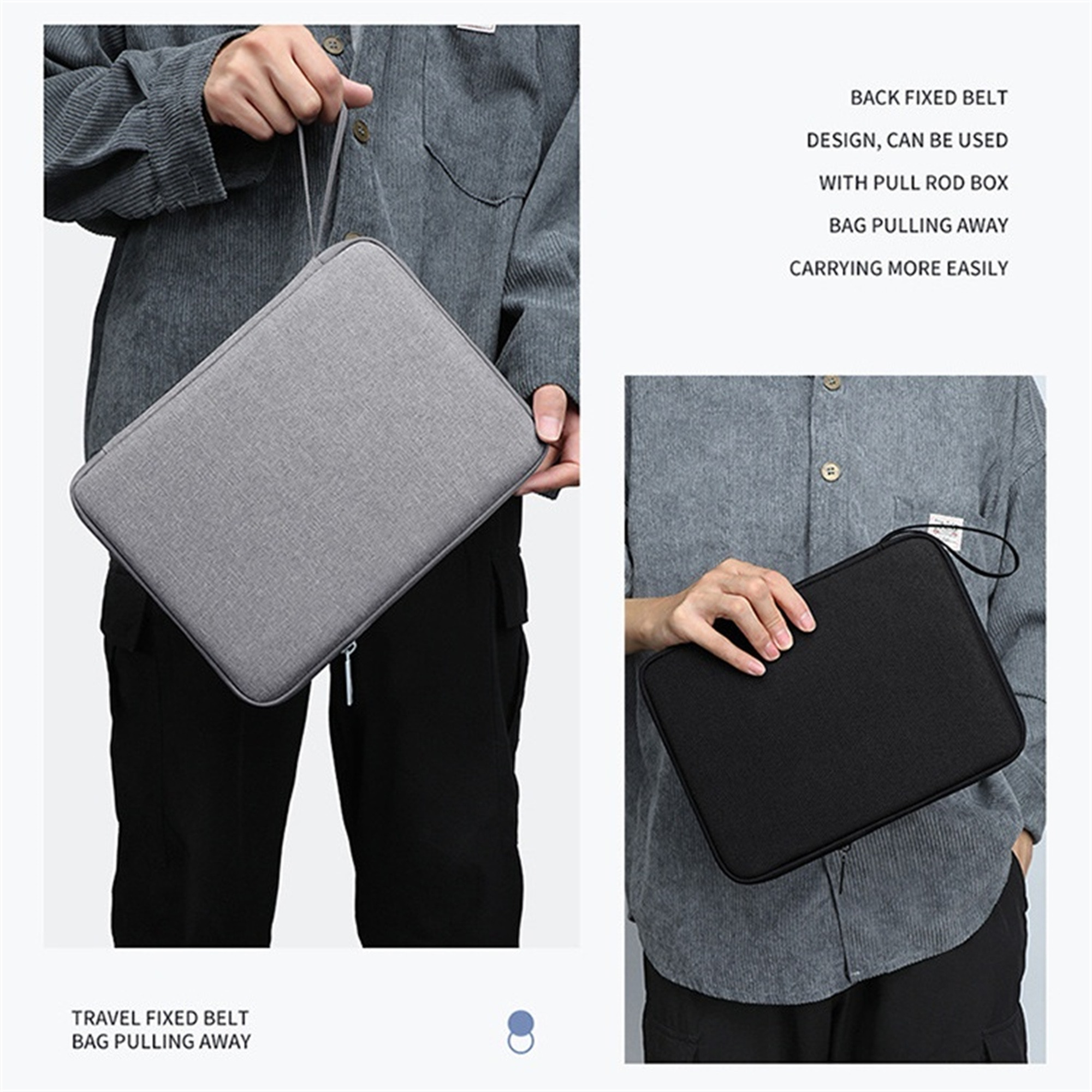 Zwei Personen halten graue und schwarze Reisetaschen. Text: Rückengurt-Design, Tasche wegziehen, einfach tragen.
