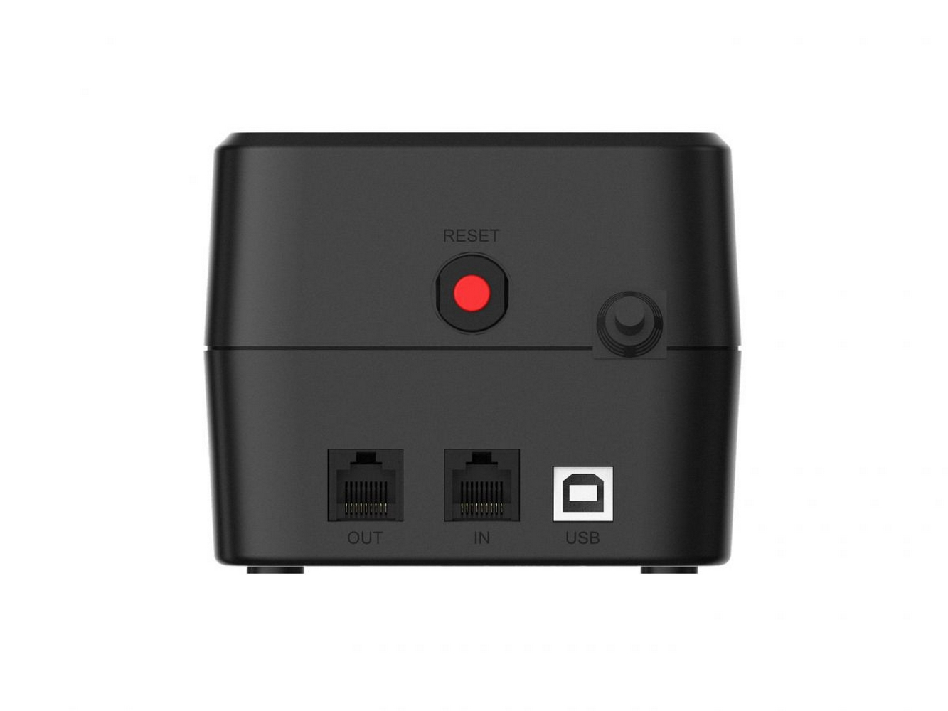 Dispositivo nero con porte: OUT, IN, USB e un pulsante rosso con etichetta RESET. Sfondo bianco.