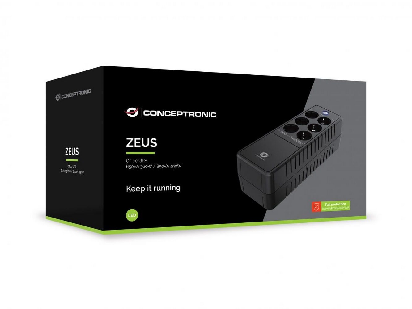Scatola UPS Conceptronic Zeus Office con l'unità visibile, su una superficie bianca.