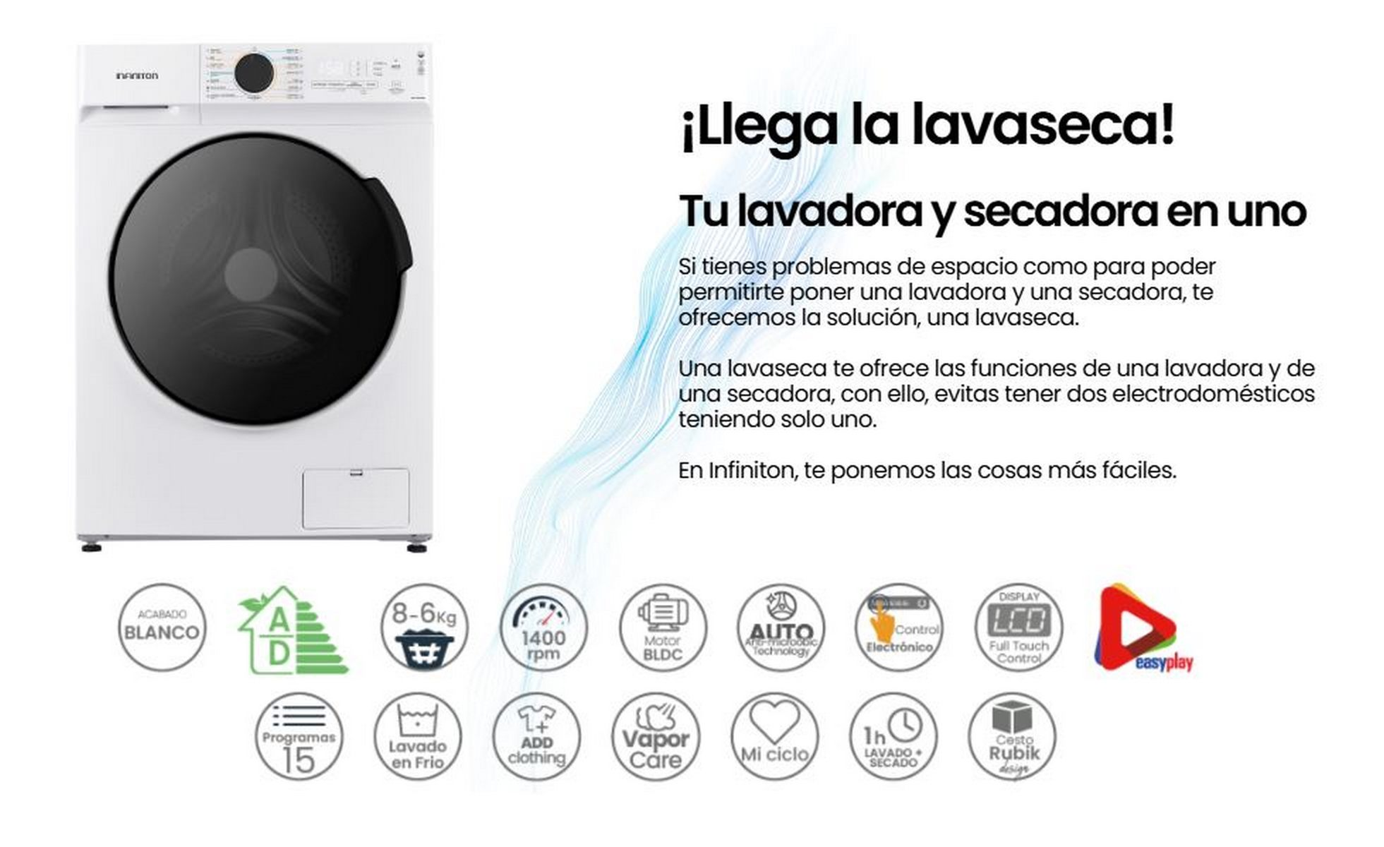 Una lavadora blanca con texto e iconos, promocionando una lavadora-secadora.