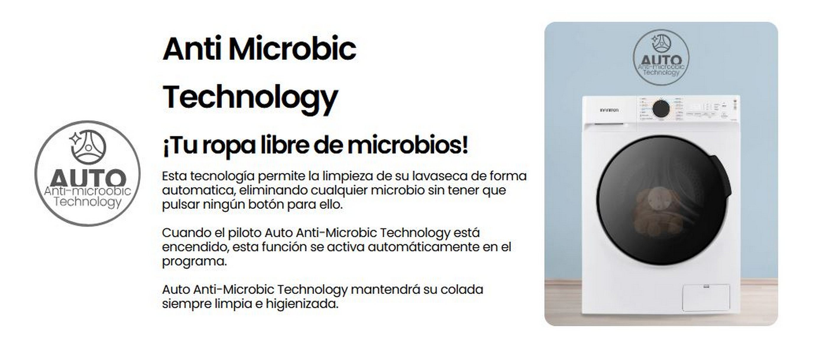 Texto y una imagen de lavadora. El texto explica la tecnología antimicrobiana para ropa limpia.