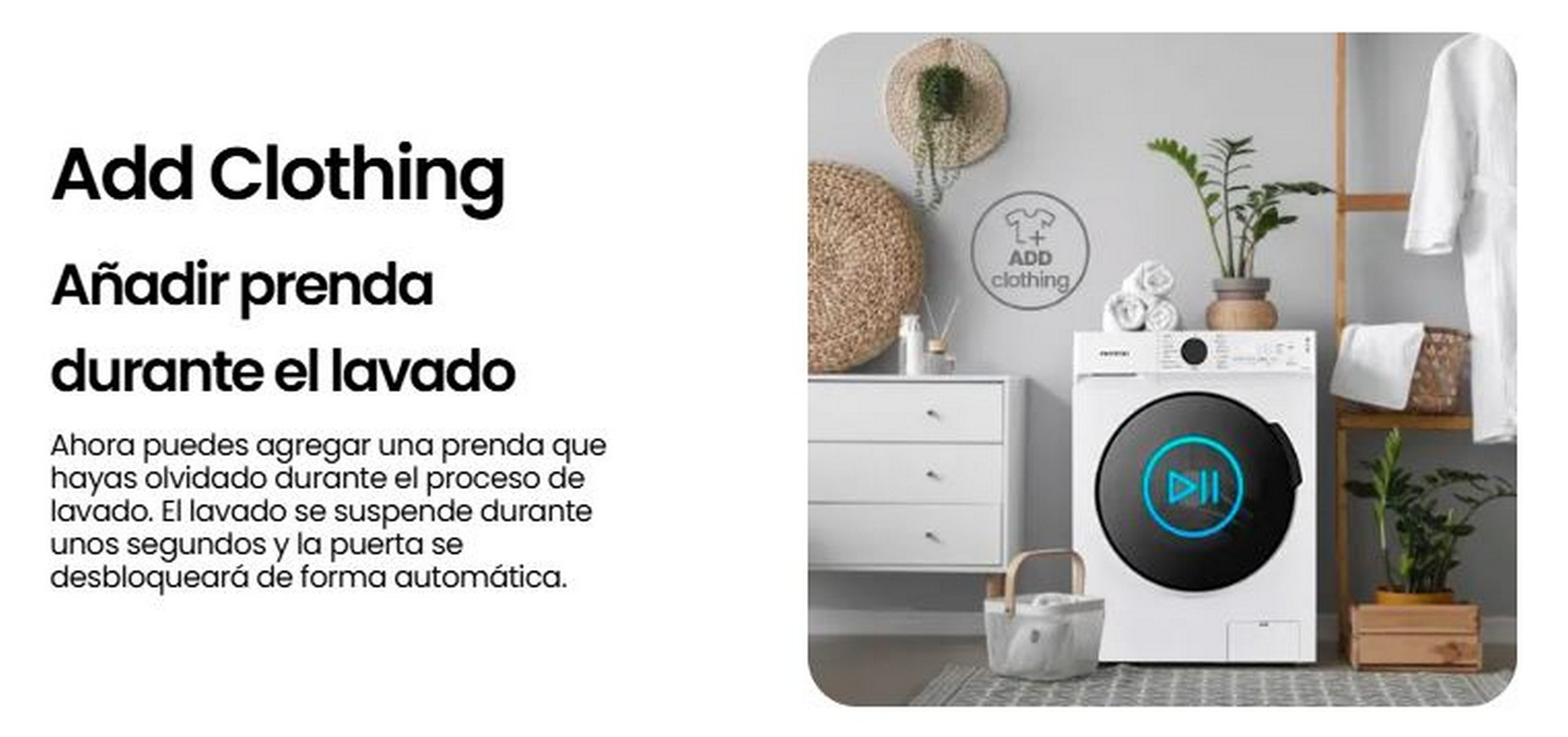 Lavadora con texto 'Añadir ropa' y un gráfico. La habitación tiene una cesta, plantas y un perchero.