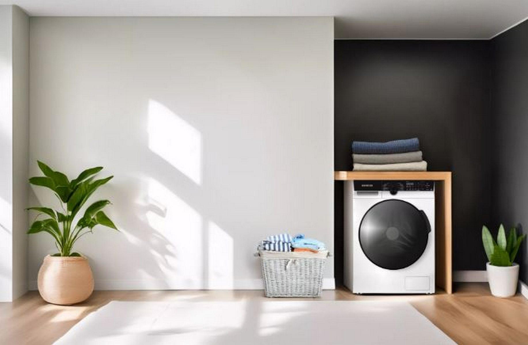 Un lavadero blanco y negro con lavadora, una planta y una cesta de ropa.