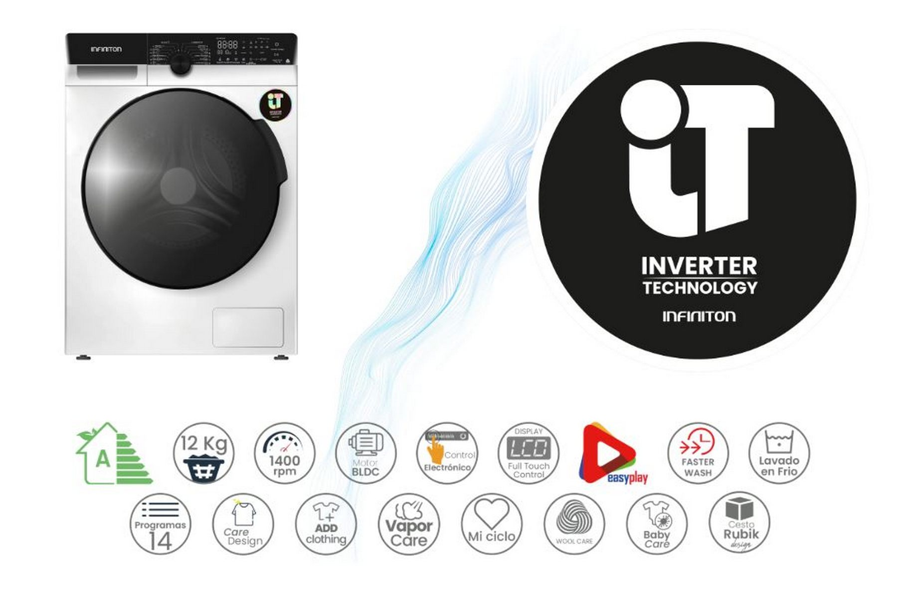 Lavadora blanca con puerta negra, logos y texto, también muestra funciones y etiqueta energética.