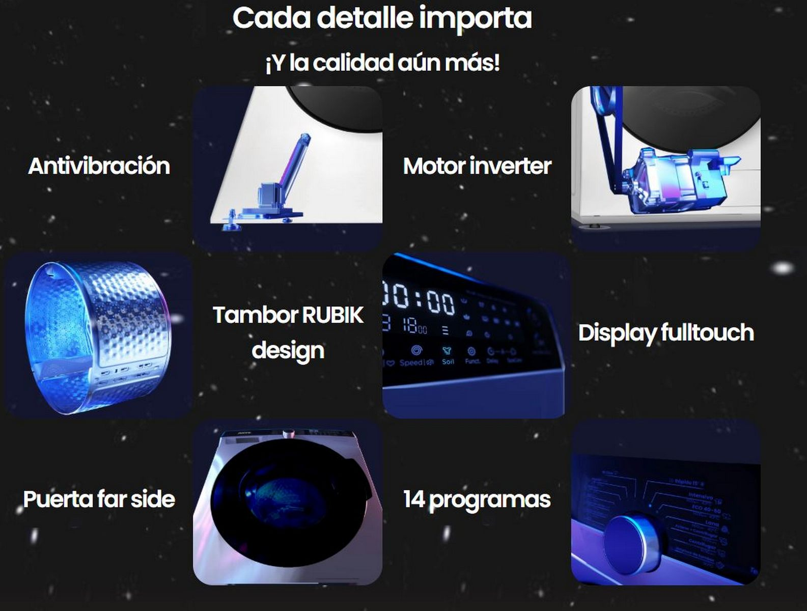 Imágenes de varios componentes de lavadoras, incluyendo el tambor, motor y pantalla.