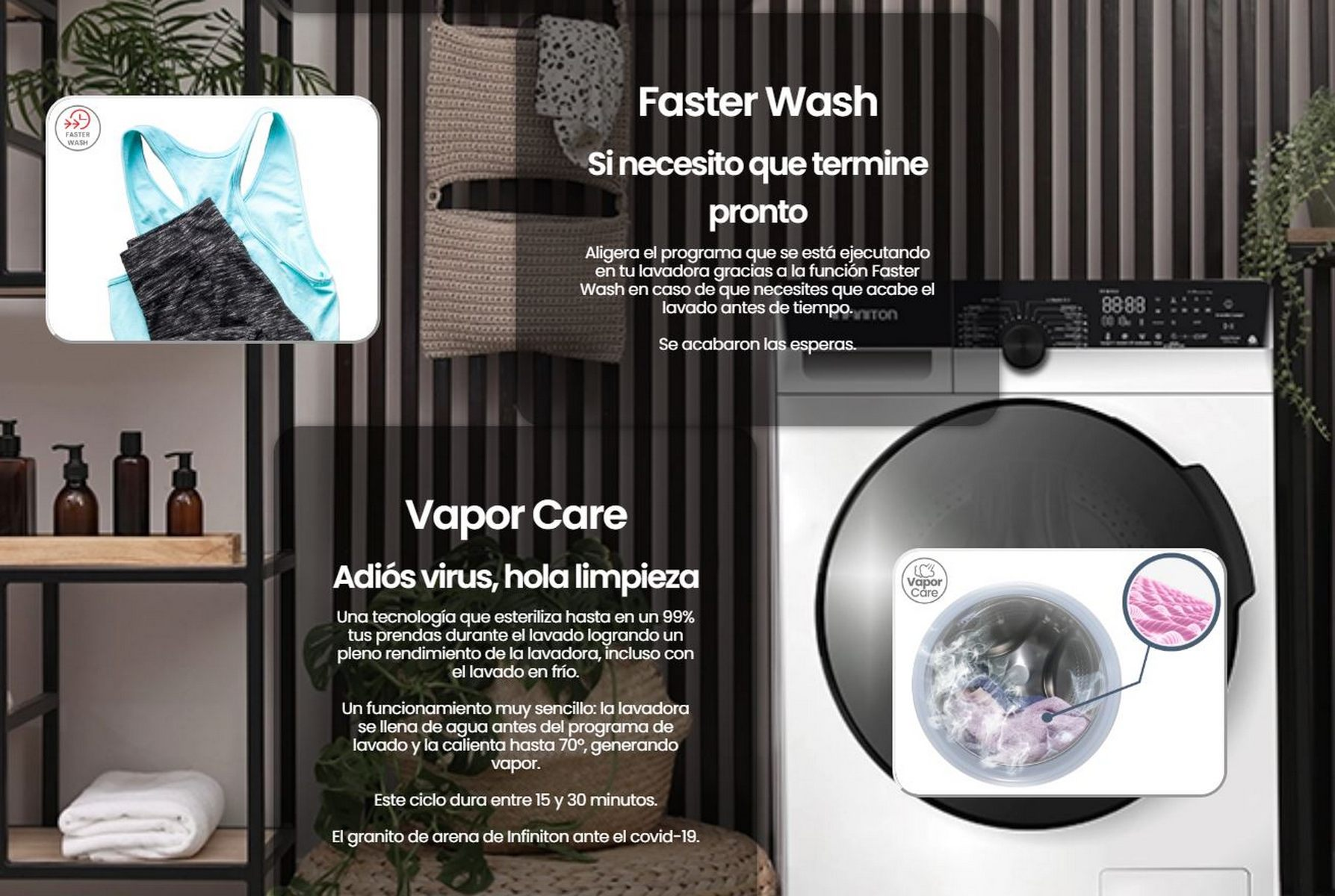Una lavadora con texto e imágenes que destacan características como lavado más rápido y cuidado con vapor.