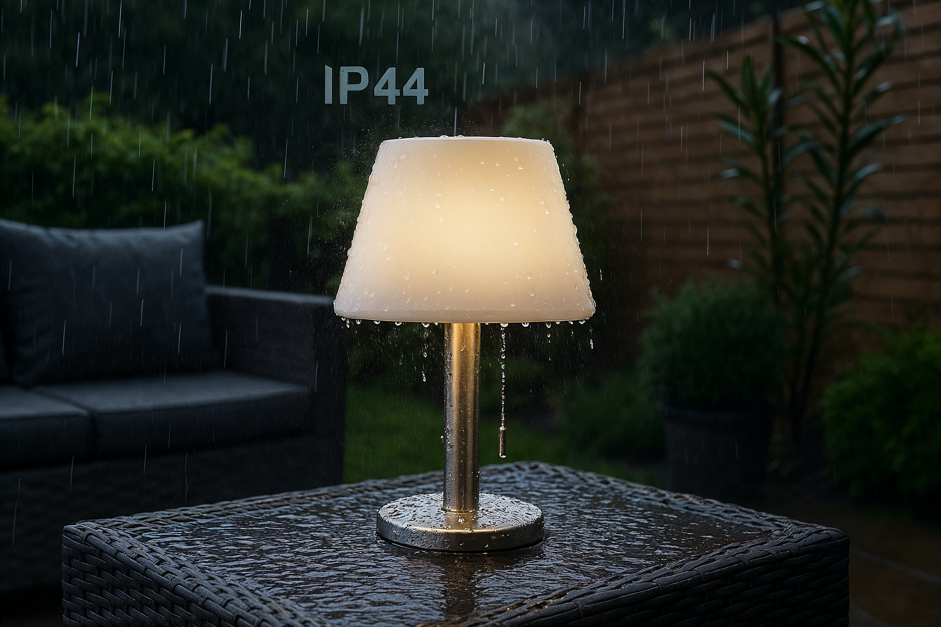 Eine Lampe auf einem Tisch, mit Regen und dem Text: IP44.
