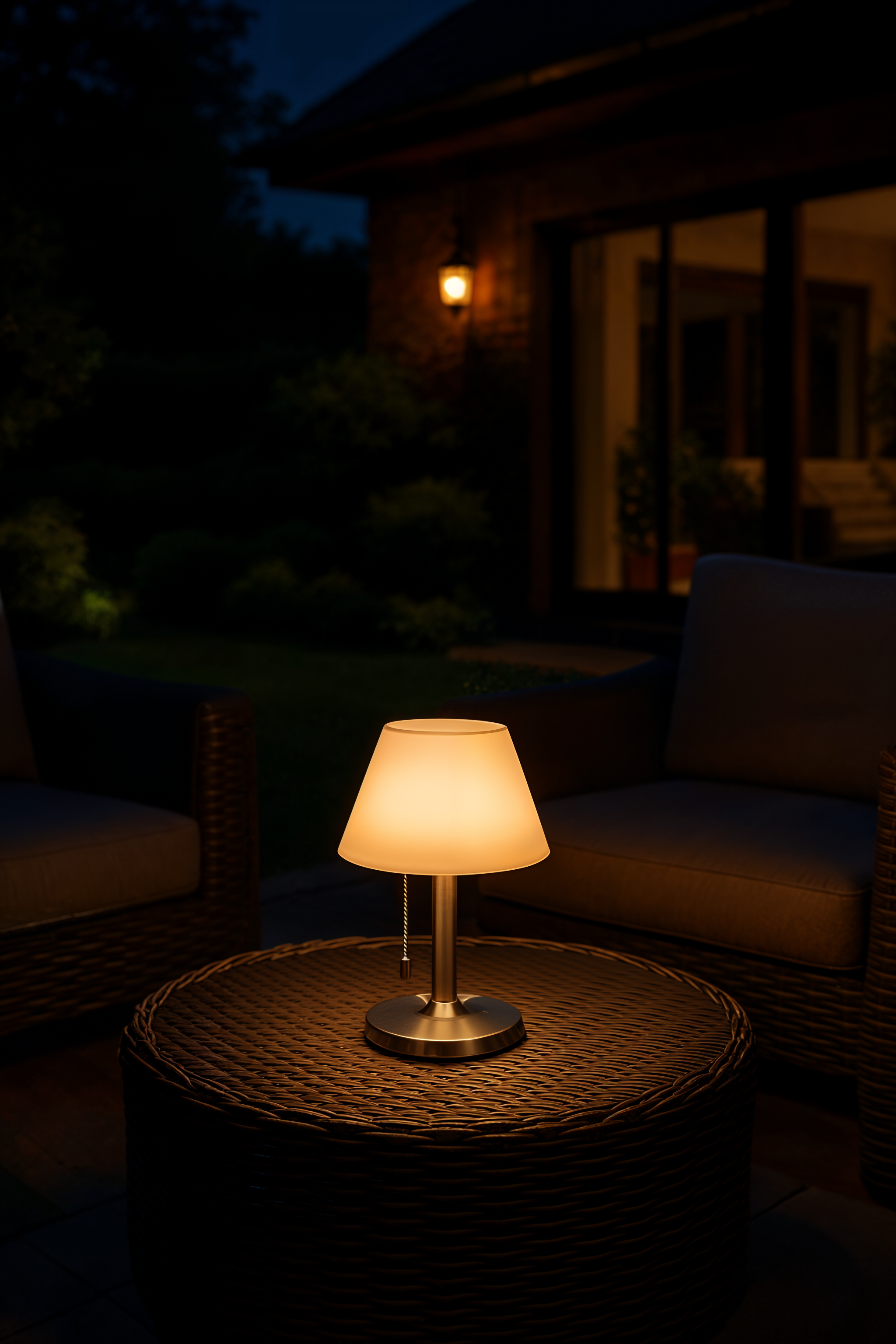 Eine beleuchtete Tischlampe auf einem gewebten Tisch in einem Garten bei Nacht. Ein Haus mit Lichtern ist im Hintergrund.