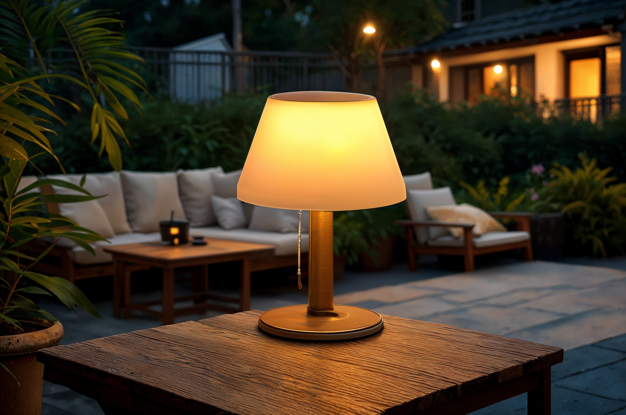 Eine beleuchtete Lampe auf einem Holztisch in einer Terrasse bei Nacht.