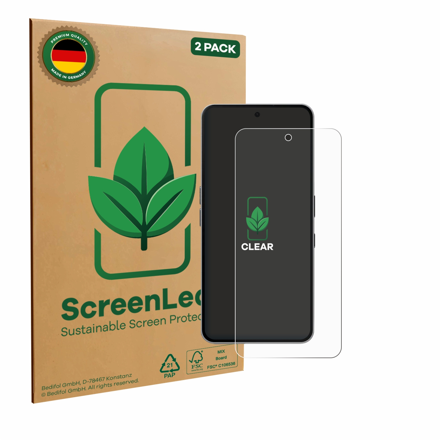 Eine Displayschutzfolienbox und ein Telefon mit klarer Displayschutzfolie. Auf der Box steht 'ScreenLe'.