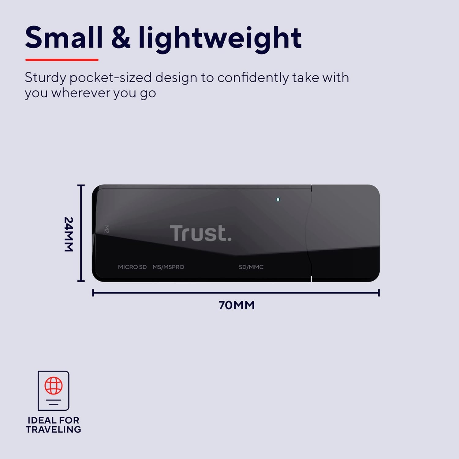 Czarny czytnik kart Trust z wymiarami. Tekst: 'Mały i lekki', idealny w podróży.