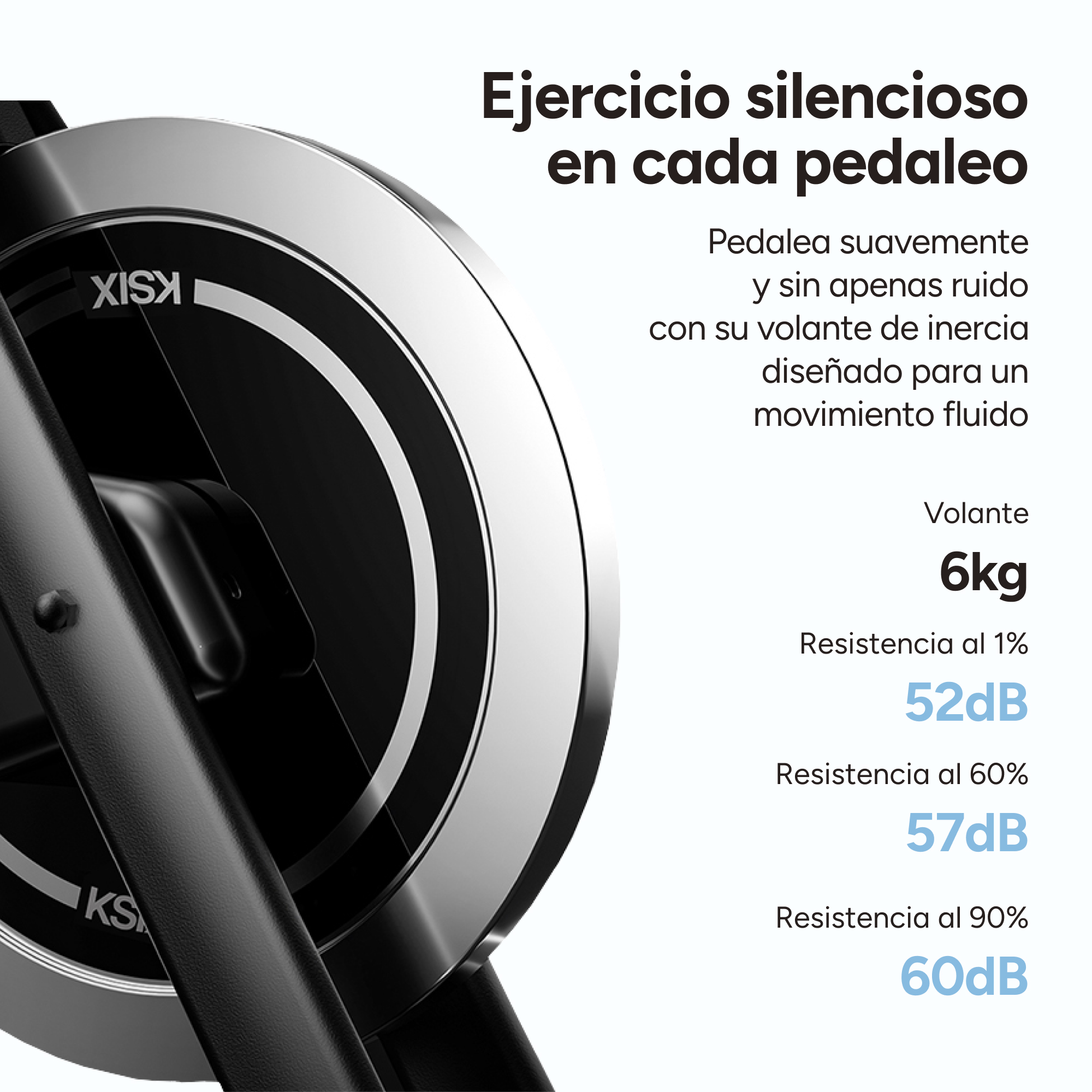 Primer plano del dial de una bicicleta estática con texto que detalla los niveles de resistencia y ruido.
