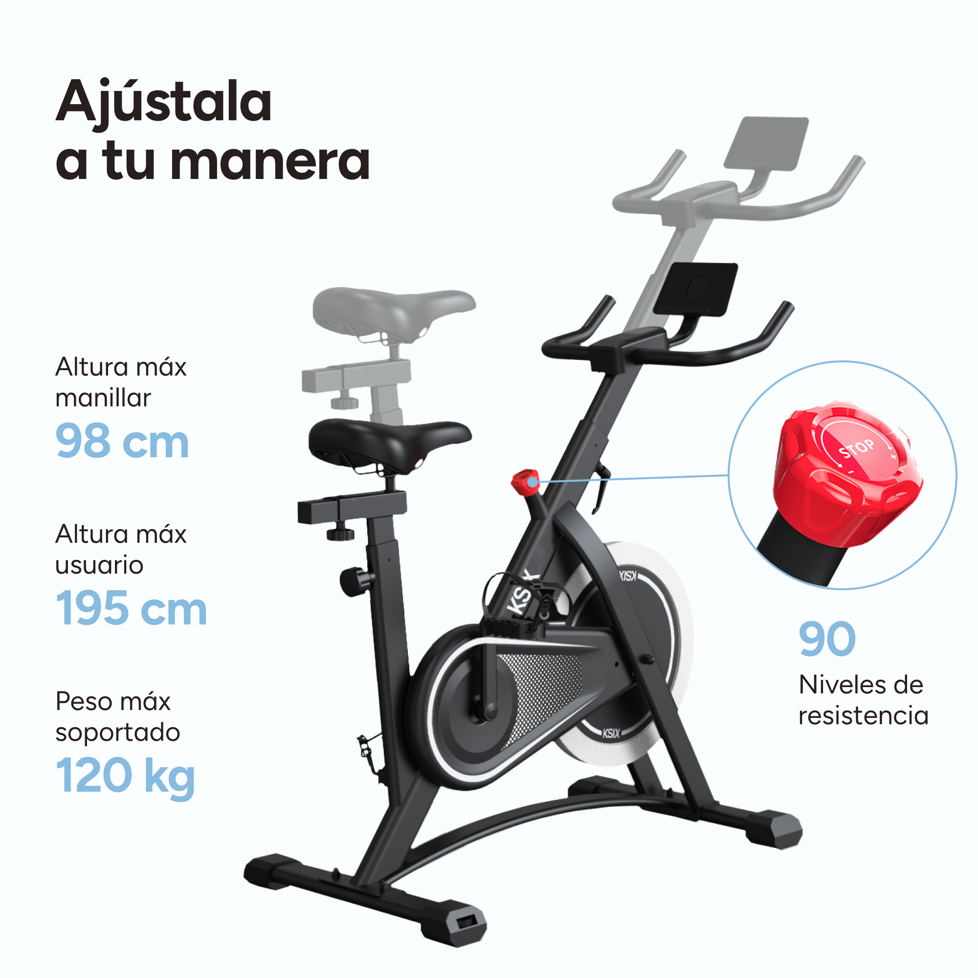 Una bicicleta estática con texto que indica características ajustables y niveles de resistencia.
