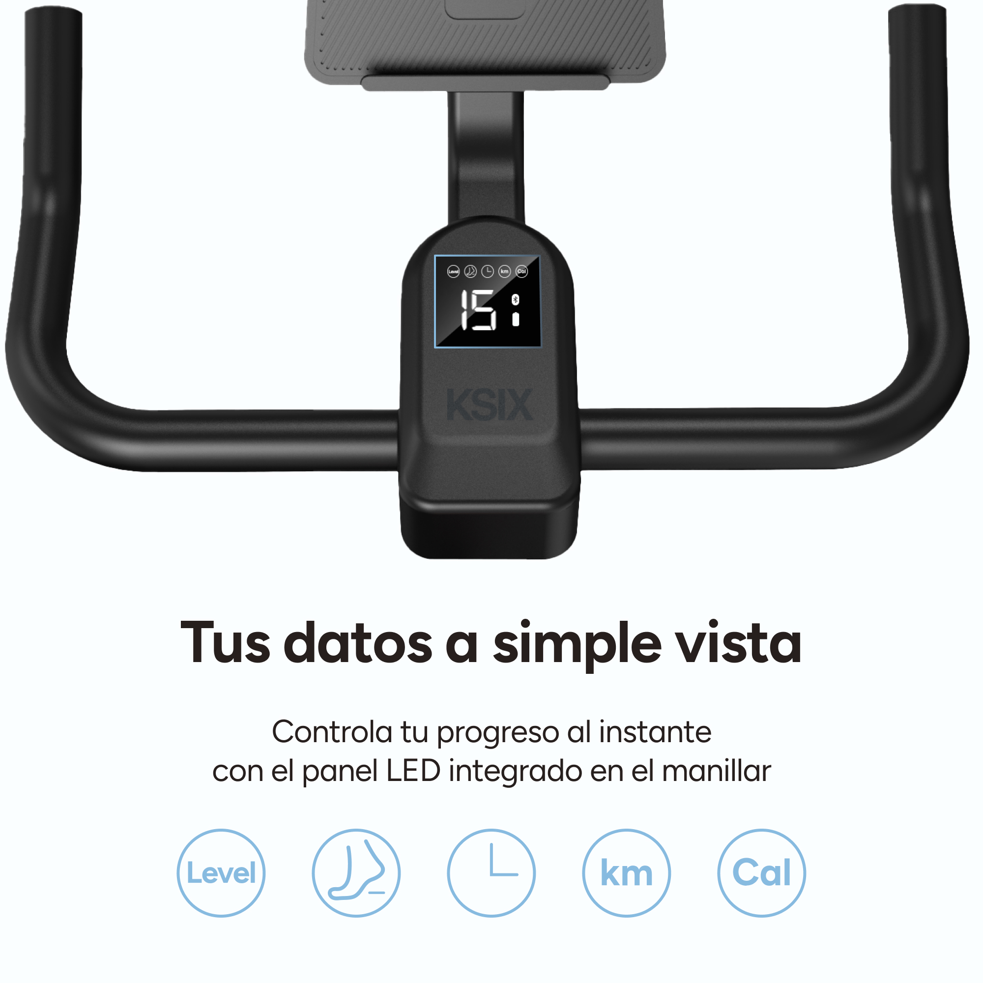 Una bicicleta estática con una pantalla digital que muestra datos de ejercicio y la marca KSIx.
