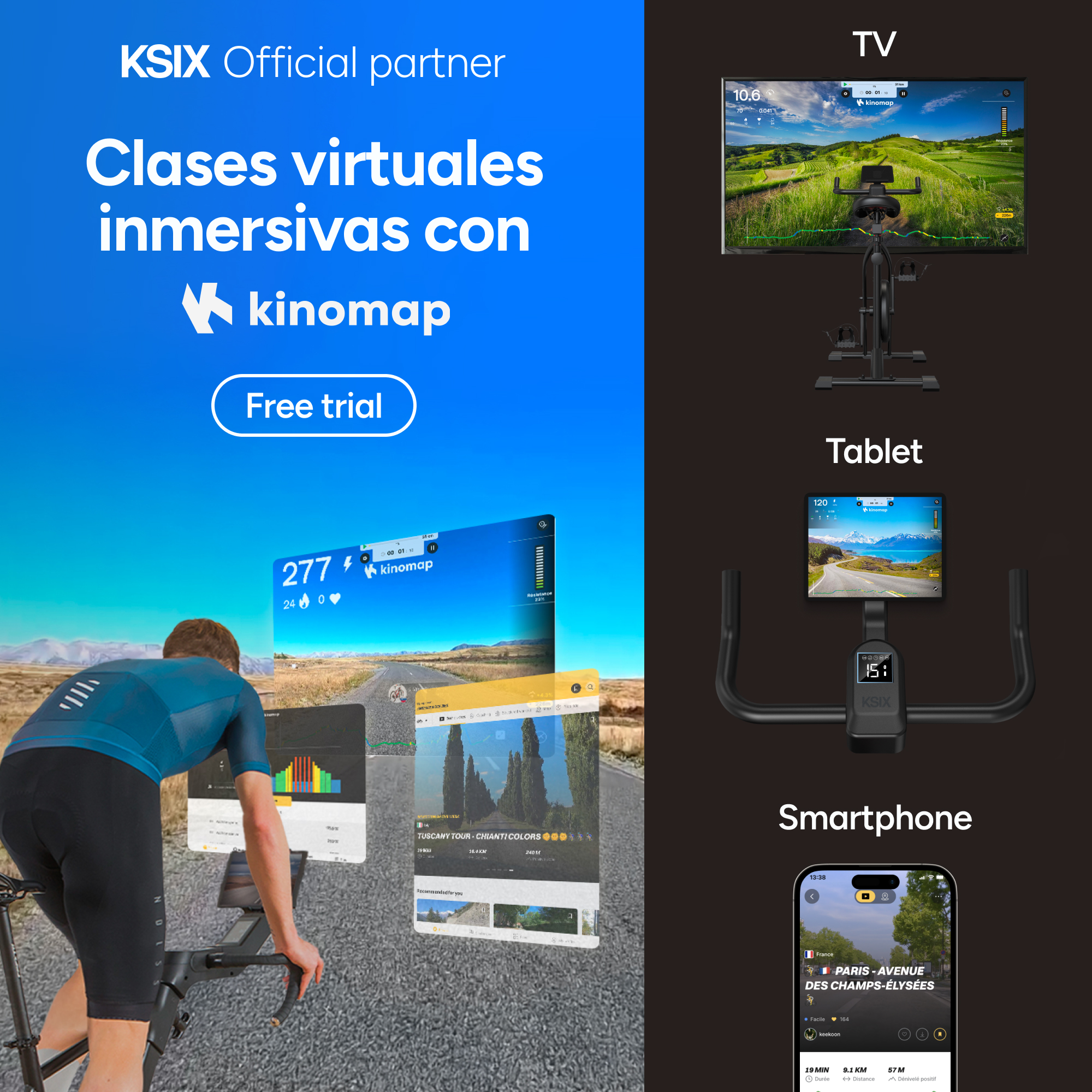 Hombre pedaleando en interior, pantallas muestran rutas virtuales. TV, tableta y móvil muestran datos de ruta, incluyendo Champs-Élysées.